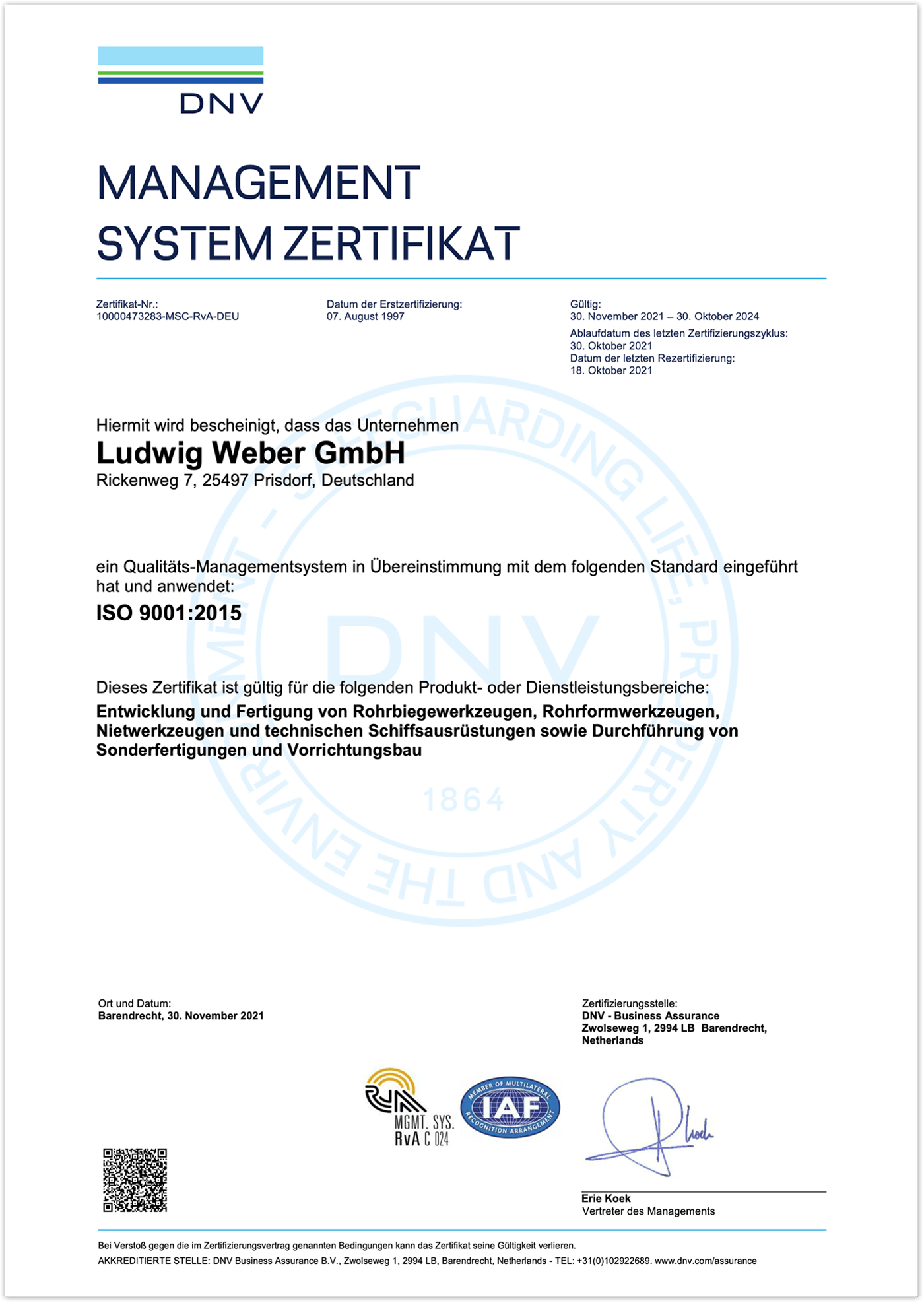 Zertifikat ISO 9001:2015 (2024)