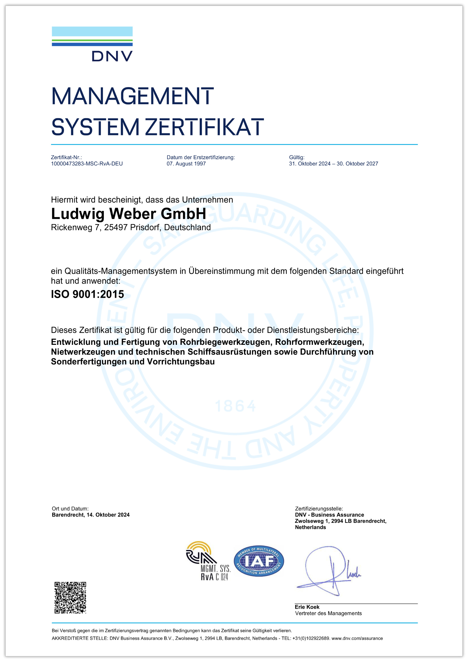 Zertifikat ISO 9001:2015 (2027)